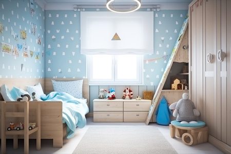 Cozy child room, light colors, modern kids bedroom and playroom. Generative ai.の素材