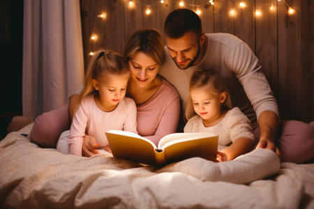 Family with small children reading bedtime stories together. Spending time together. Generative aiの素材