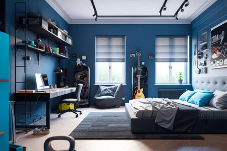 Teenage room with modern furniture, spacious with natural light, tidy. Generative ai.の素材