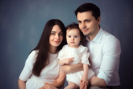 Family portrait, parents and one child all smiling. Generative ai.の素材
