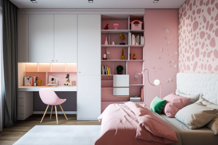 Teenage room with modern furniture, spacious with natural light, tidy. Generative ai.の素材