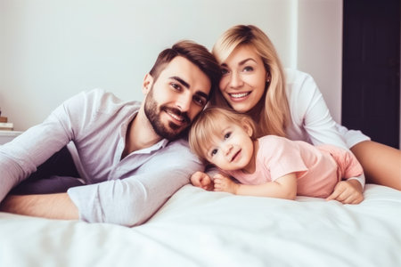 Family portrait, parents and one child all smiling. Generative ai.の素材