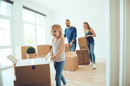 Family moving in new home, house, apartment. Putting away boxes. Generative ai.の素材