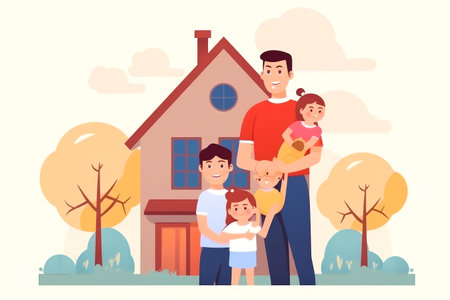 Concept of housing and relocation, happy family, building new home. Illustration. Generative aiの素材