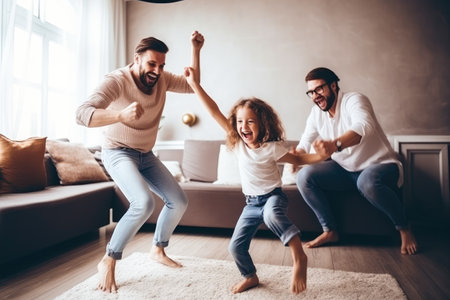 Happy family jumping in the air in their home. Playing together in the living room. Generative aiの素材
