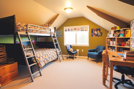Teenage room with modern furniture, spacious with natural light, tidy. Generative ai.の素材