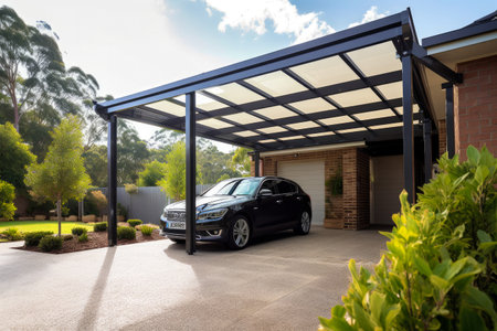 Modern steel carport in a family home. Modern house in the back. Generative ai.の素材