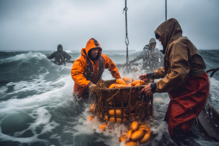 Fishermen working at the fishing boat. Generative ai.の素材