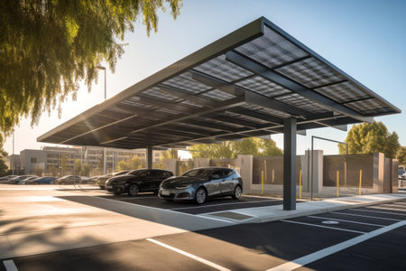 Modern solar carport for public vehicle parking site. Generative ai.の素材