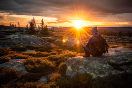 Person sitting in the middle of nature, wilderness, at sunset. Generative ai.の素材