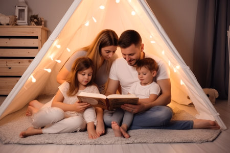 Family with small children reading bedtime stories together. Spending time together. Generative aiの素材