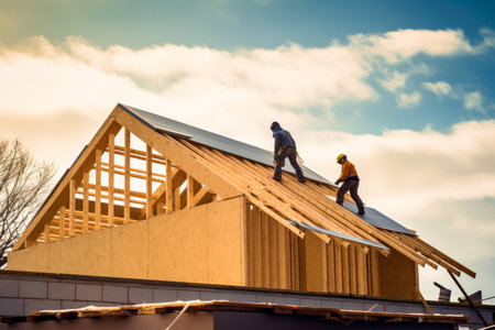 Construction workers installing roof on a modern house; sunset. Generative ai.の素材