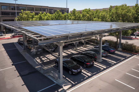 Modern solar carport for public vehicle parking site. Generative ai.の素材