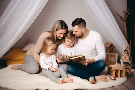 Family with small children reading bedtime stories together. Spending time together. Generative aiの素材