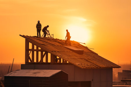 Construction workers installing roof on a modern house; sunset. Generative ai.の素材