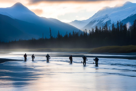 Salmon fishing in Alaska. Snowy mountains in the background. Generative ai.の素材