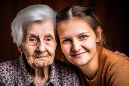 Portrait of senior woman and her caregiver. Generative ai.の素材