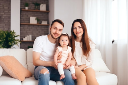 Family portrait, parents and one child all smiling. Generative ai.の素材
