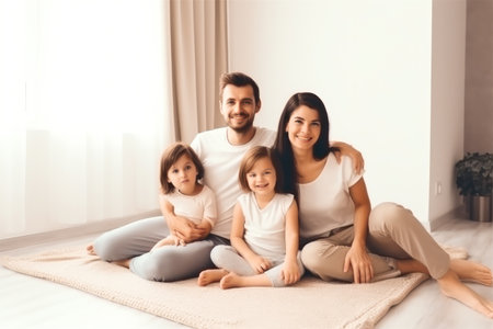 Family portrait, parents and two children all smiling. Generative ai.の素材