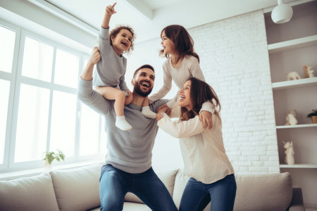 Happy family jumping in the air in their home. Playing together in the living room. Generative aiの素材