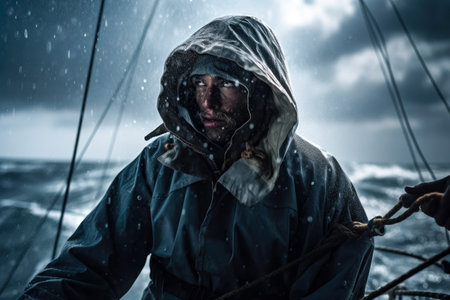 Sailor in the storm out in the open sea. Generative ai.の素材