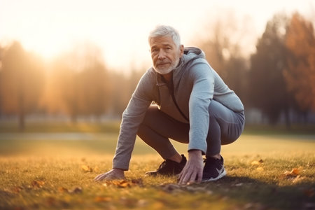 Senior male working out in the outdoors. Active lifestyle in old age. Generative ai.の素材