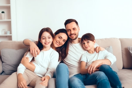 Portrait of a happy young family, smiling. Family life, happiness, togetherness. Generative ai.の素材