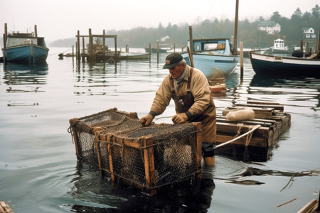 Fisherman working at the fishing boat. Generative ai.の素材