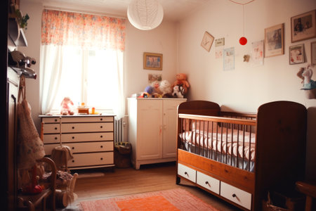 Cozy child room, light colors, modern kids bedroom and playroom with crib. Generative ai.の素材