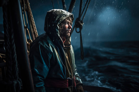 Sailor in the storm out in the open sea. Generative ai.の素材