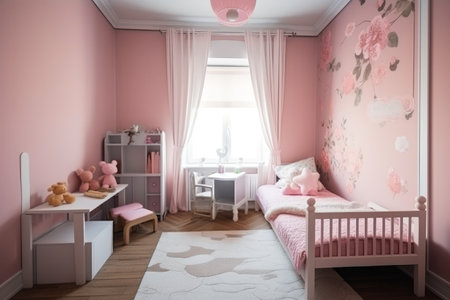 Cozy child room, light colors, modern kids bedroom and playroom. Generative ai.の素材