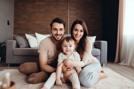 Family portrait, parents and one child all smiling. Generative ai.の素材