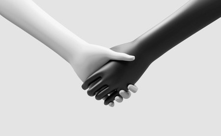Beautiful Handshake Modern 3D Rendered Design Illustration. Abstract Handshake Backdrop design. Black and White Robotics Handshakeの写真素材