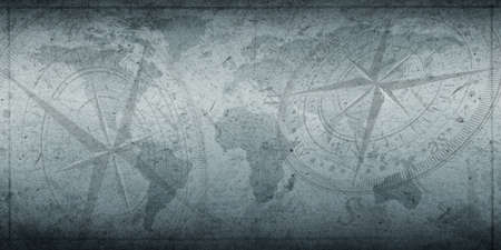 Ancient Time old compass with background and map concept. Historical blue color ancient time backdropの写真素材