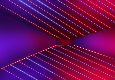 Glowing Lights in a 3D Room Abstract 3D Rendered Illustration with neon lights on a floor and roofの写真素材