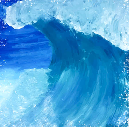 Hand Drawn Sea Wave Water Color Painting Abstract Illustrated Backdropの写真素材