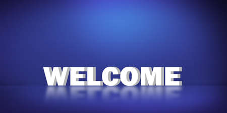 Beautiful Welcome Message Typography 3D Rendered background with blue roomの写真素材