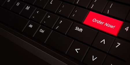 Abstract Order Now Button on a Keyboard with glowing red light. Modern Red button for online...