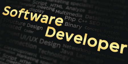 Software Developer Keyword Written in Golden surrounded with development keywords