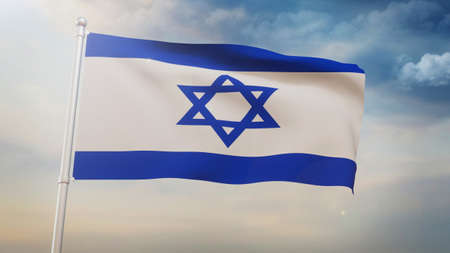 Israel Flag with Blue Stripes and Sign in a Center 3D Rendered Waving concept.