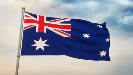 Modern 3D Rendered Australia Flag Waving in the Sky with Silver Pool. New Waving Flag in Blue with Stars in a daylightの写真素材