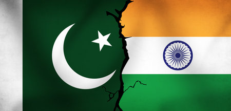 Pakistan Vs India Flag with Crack as a sign of Conflict between two south Asian Countries. Modern...