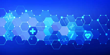 Modern Healthcare and Technological Concept Background Illustration with health icons. Abstract Medical banner design in polygon shapesの写真素材