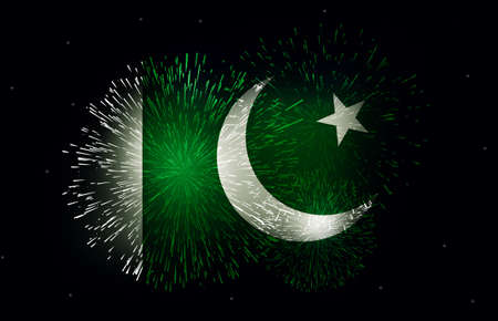 Green Independence Day Celebration with Fireworks in the Sky. Pakistan Celebrating Independence day wallpaper backdrop designの写真素材