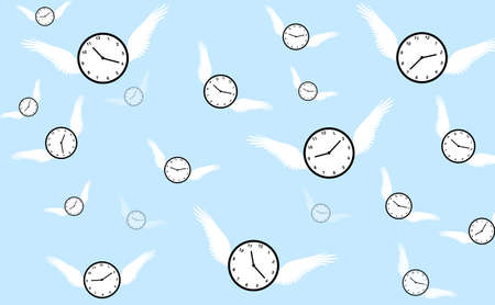 Vector seamless pattern with white clock and wings on a blue background.の写真素材