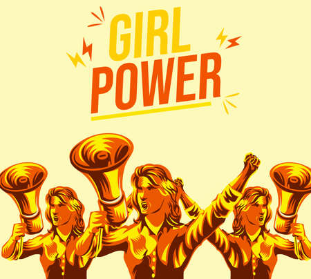 Girl power banner with woman holding megaphone. Vector illustration.の写真素材