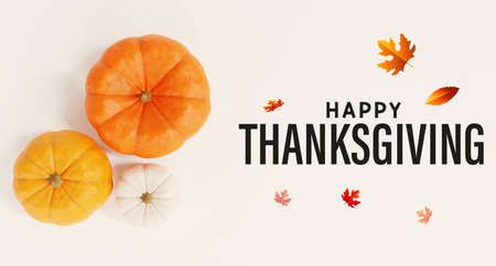 Happy Thanksgiving typography with pumpkins and autumn leaves on white backgroundの写真素材