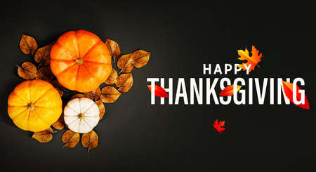 Happy Thanksgiving card with pumpkins, leaves and text on black backgroundの写真素材
