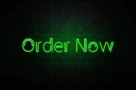 Order Now Neon Lights Abstract Background Written on Dark Wall. Modern Food Order concept backdropの写真素材