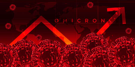Omicron Virus Spreading Concept Abstract Background with Coronavirus Icon and World Map in Redの写真素材
